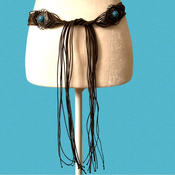 Boho Macrame belt dark brown with teal blue stones - Picture 2 of 3